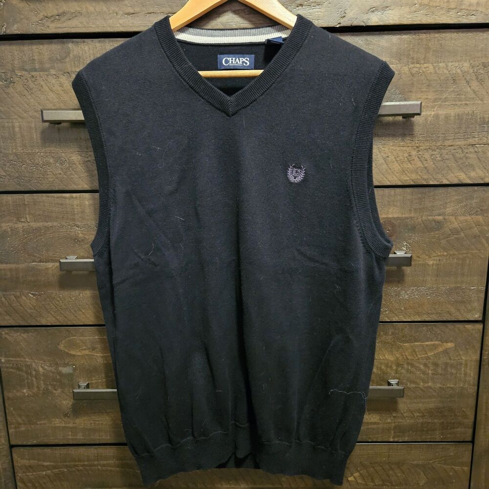 Chaps Mens Sweater Vest Large Black V-Neck Knit